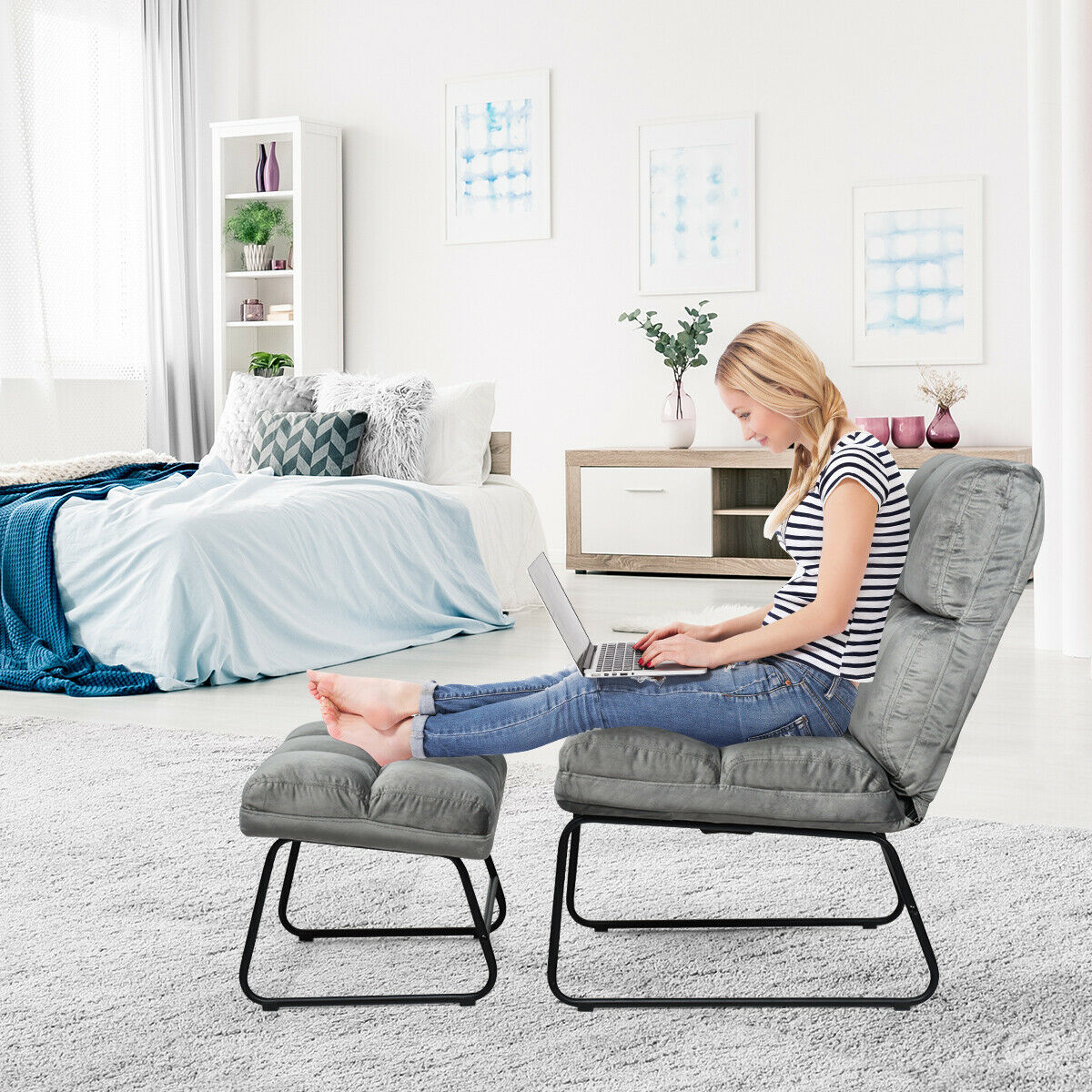 Gymax Electric Massage Chair Vibrating Velvet Sofa w/Ottoman and