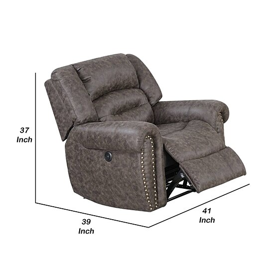 Saltoro Sherpi Nailhead Trim Fabric Upholstered Power Recliner, - Image 5