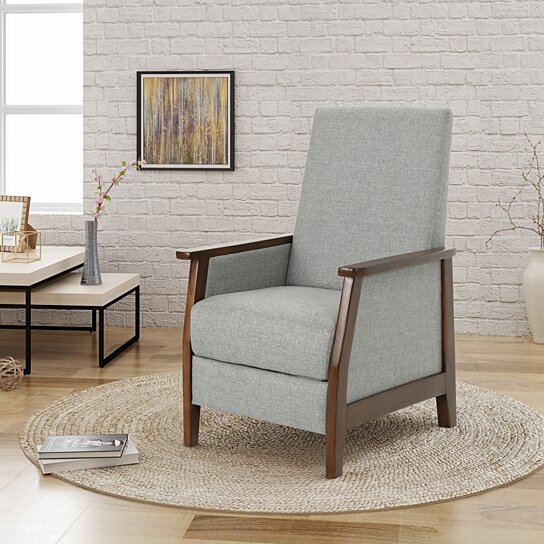 Alex Exposed Wood High Back Fabric Push Back Recliner, Grey